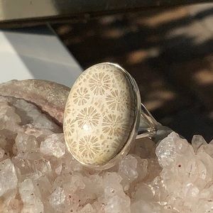 NATURAL INDONESIAN FOSSIL CORAL 925 STERLING SILVER RING, SIZE 7